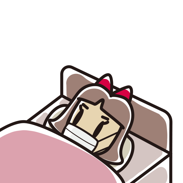 マスクをしてベッドで寝る小学生女子のイラスト【色あり、背景なし】透過PNG