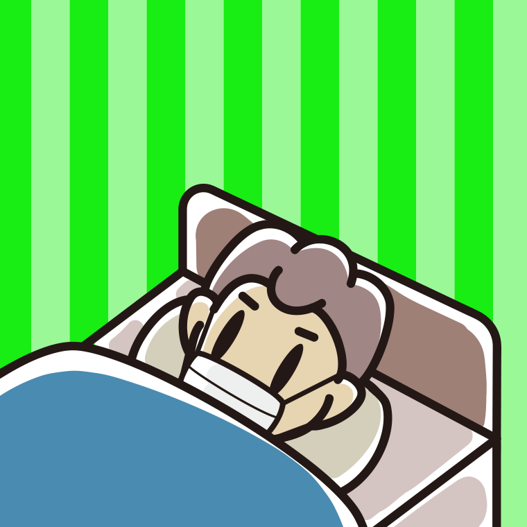 マスクをしてベッドで寝る男子中学生のイラスト【色、背景あり】PNG
