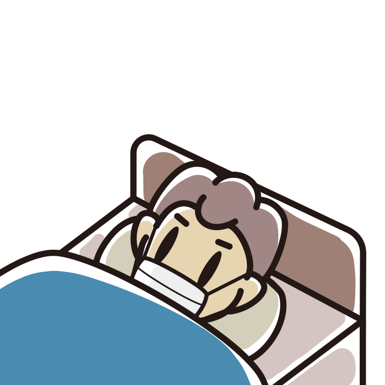 マスクをしてベッドで寝る男子中学生のイラスト【色あり、背景なし】透過PNG