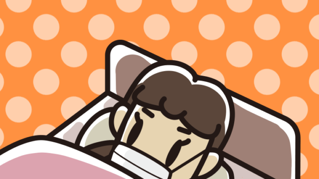 マスクをしてベッドで寝る女子中学生のイラスト【色、背景あり】PNG
