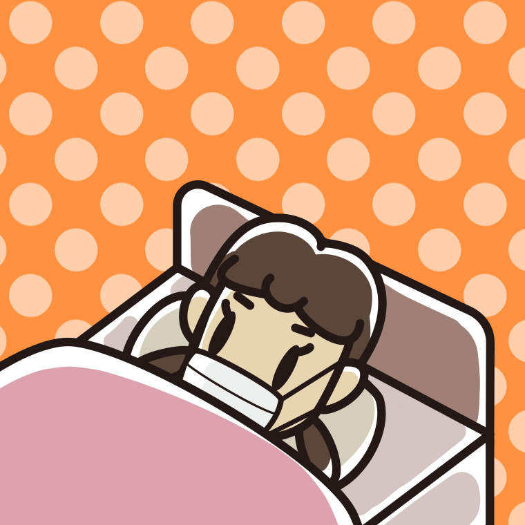 マスクをしてベッドで寝る女子中学生のイラスト【色、背景あり】PNG