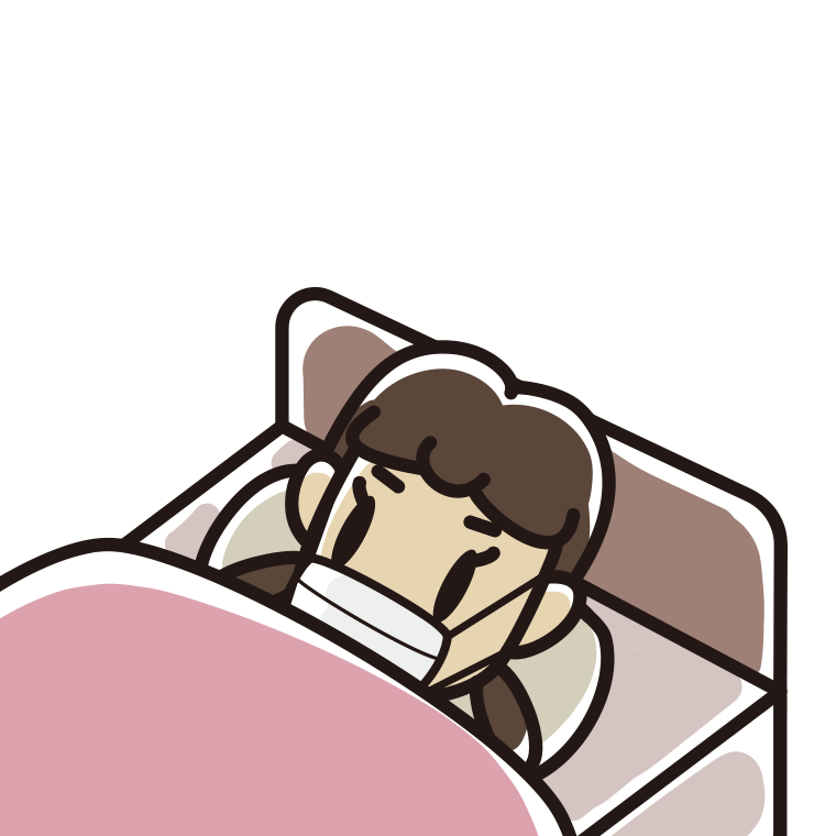 マスクをしてベッドで寝る女子中学生のイラスト【色あり、背景なし】透過PNG