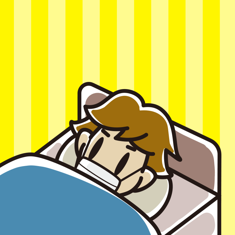 マスクをしてベッドで寝る男子高校生のイラスト【色、背景あり】PNG