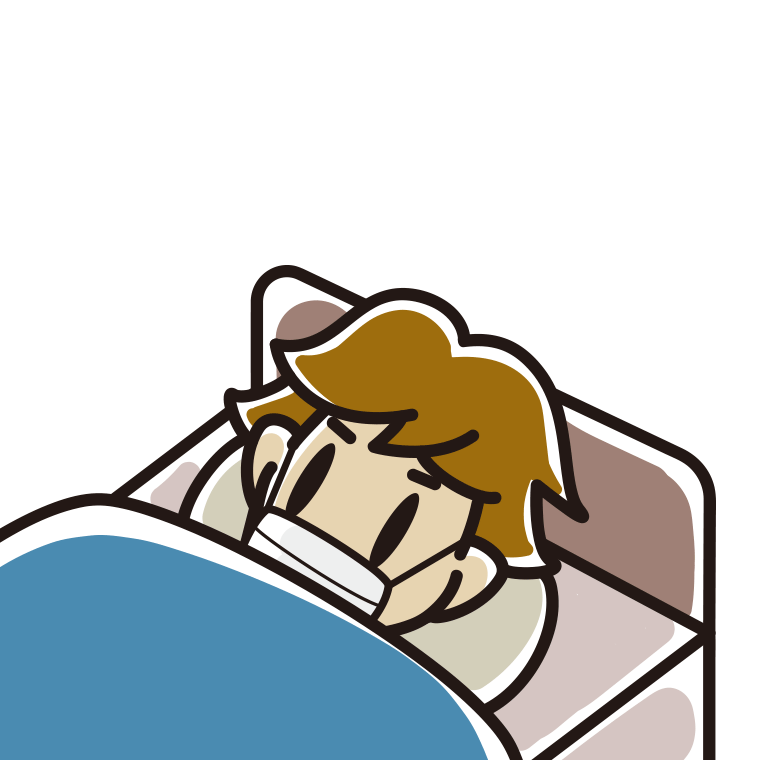 マスクをしてベッドで寝る男子高校生のイラスト【色あり、背景なし】透過PNG