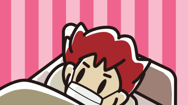 マスクをしてベッドで寝る男子大学生のイラスト【色、背景あり】PNG