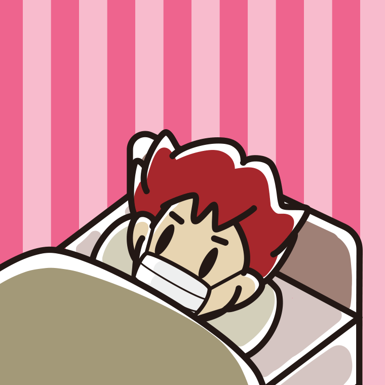 マスクをしてベッドで寝る男子大学生のイラスト【色、背景あり】PNG