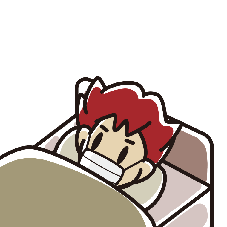 マスクをしてベッドで寝る男子大学生のイラスト【色あり、背景なし】透過PNG