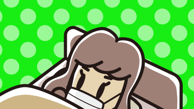 マスクをしてベッドで寝る女子大学生のイラスト【色、背景あり】PNG