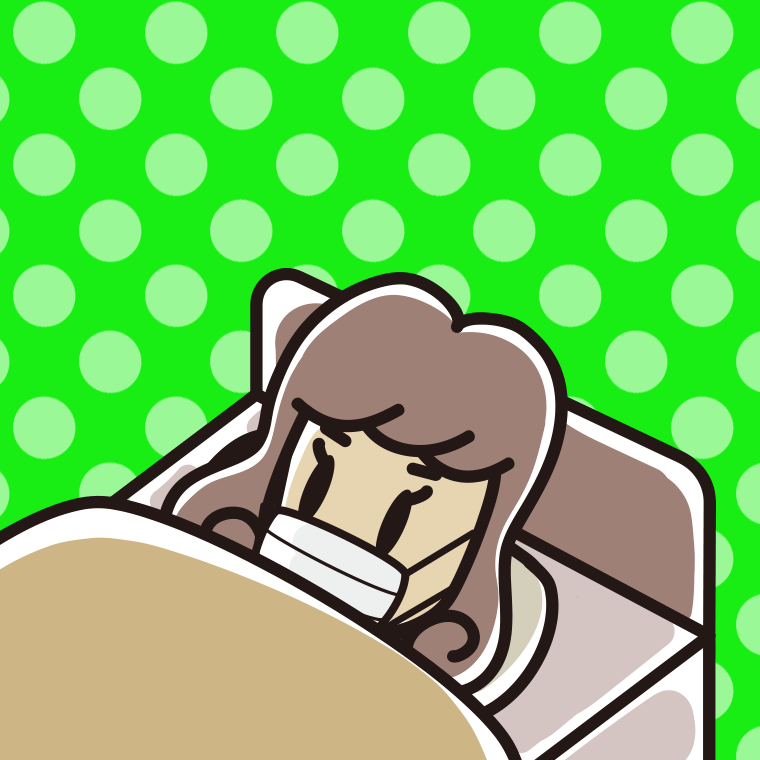マスクをしてベッドで寝る女子大学生のイラスト【色、背景あり】PNG