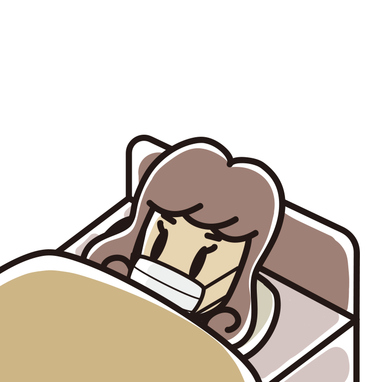 マスクをしてベッドで寝る女子大学生のイラスト【色あり、背景なし】透過PNG