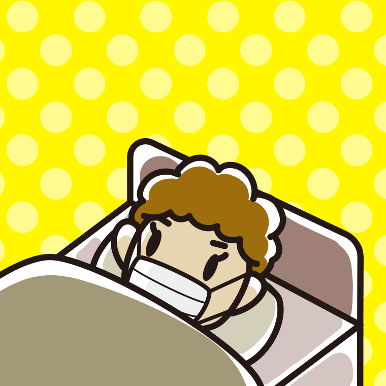 マスクをしてベッドで寝るおばさんのイラスト【色、背景あり】PNG