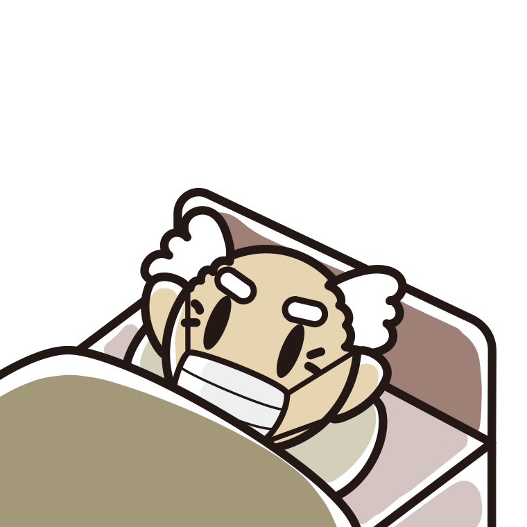 マスクをしてベッドで寝るおじいさんのイラスト【色あり、背景なし】透過PNG