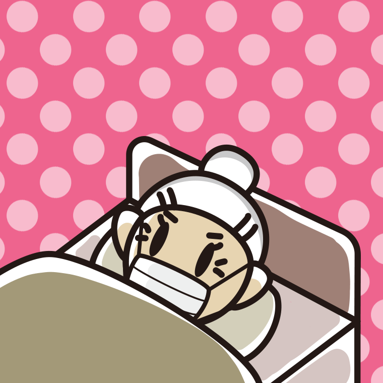 マスクをしてベッドで寝るおばあさんのイラスト【色、背景あり】PNG