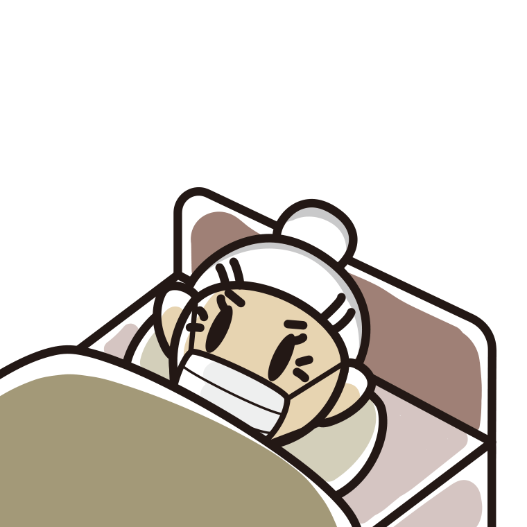 マスクをしてベッドで寝るおばあさんのイラスト【色あり、背景なし】透過PNG