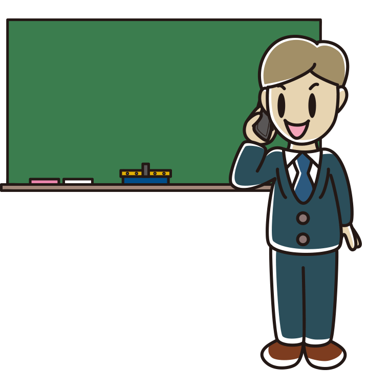 スマホで電話する若手男性教師のイラスト【色あり、背景なし】透過PNG