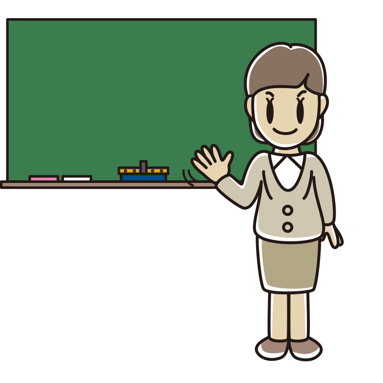 手を振る若手女性教師のイラスト【色あり、背景なし】透過PNG