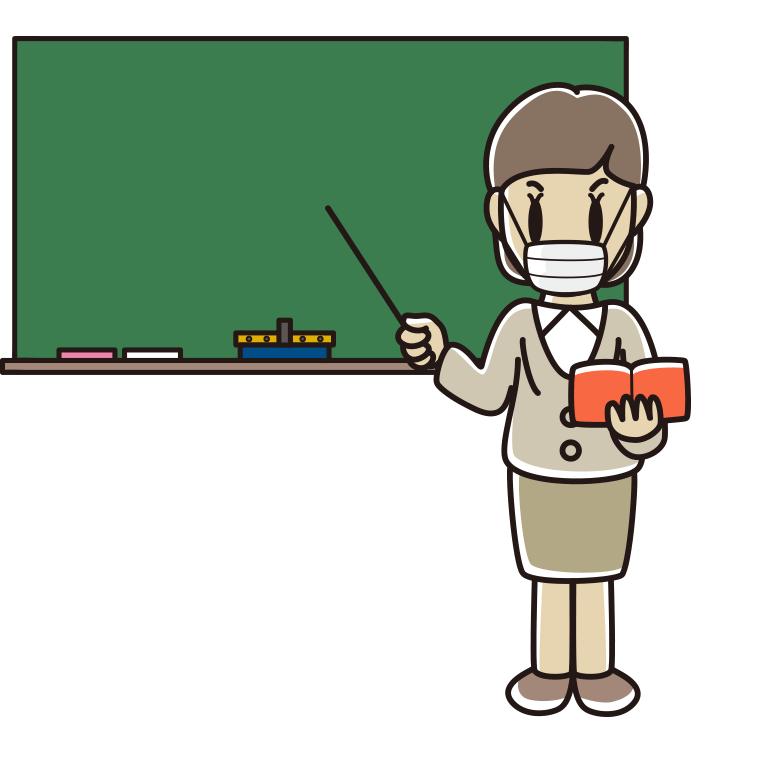 マスクをする若手女性教師のイラスト【色あり、背景なし】透過PNG