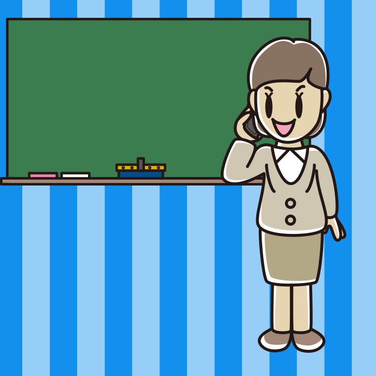 スマホで電話する若手女性教師のイラスト【色、背景あり】PNG