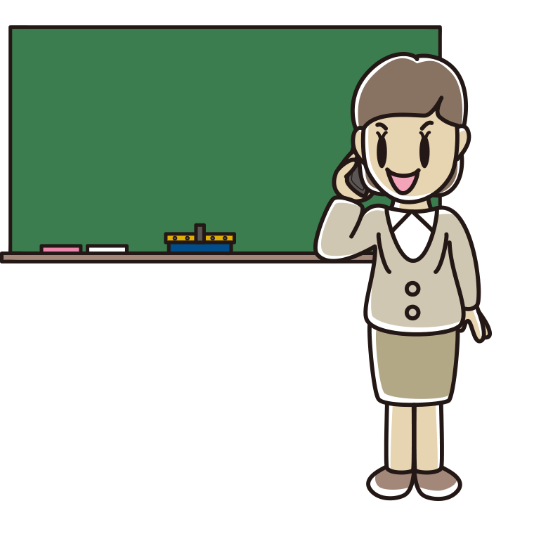 スマホで電話する若手女性教師のイラスト【色あり、背景なし】透過PNG