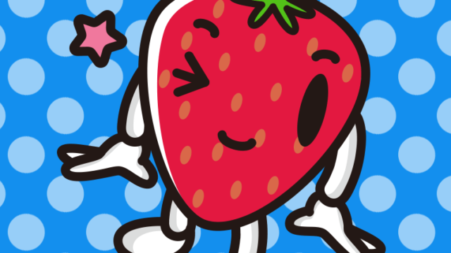 ウインクするいちごちゃんのイラスト【色、背景あり】PNG