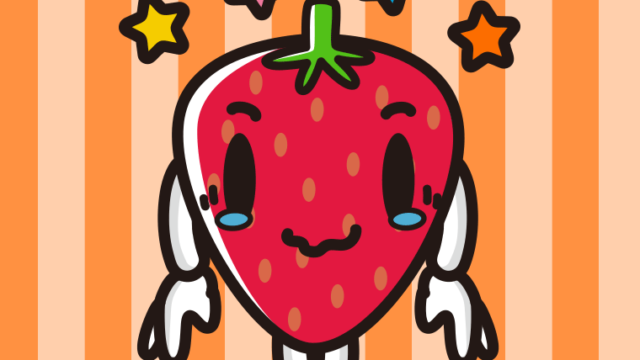 ジーンとするいちごちゃんのイラスト【色、背景あり】PNG