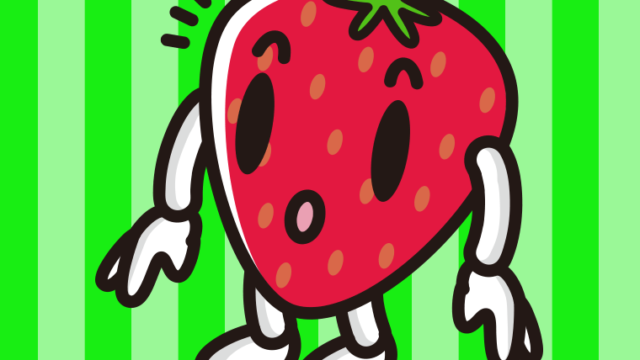 何かに気付くいちごちゃんのイラスト【色、背景あり】PNG