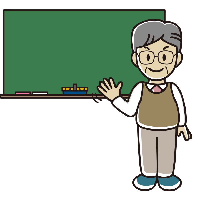 手を振る年配男性教師のイラスト【色あり、背景なし】透過PNG