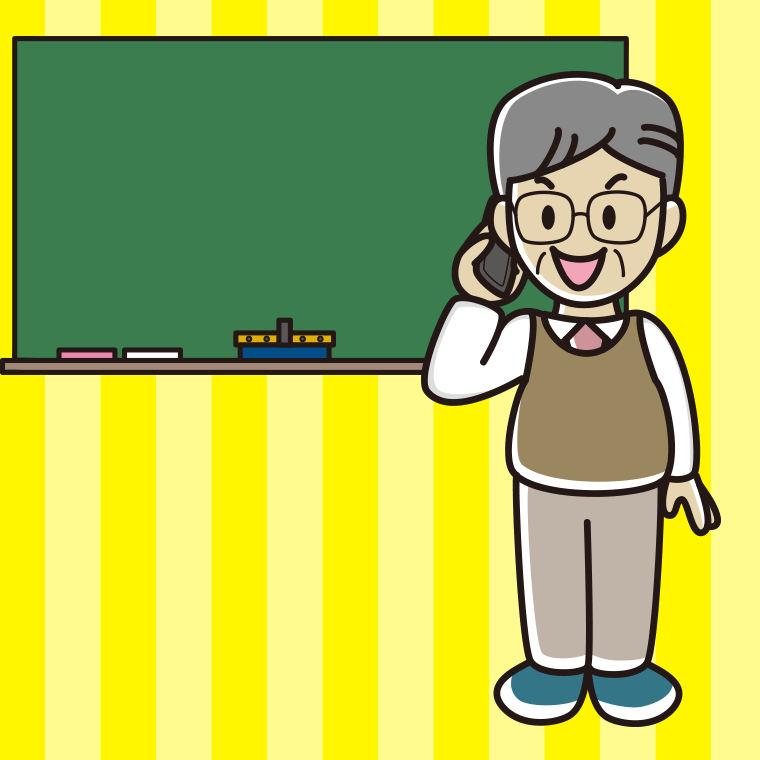 スマホで電話する年配男性教師のイラスト【色、背景あり】PNG