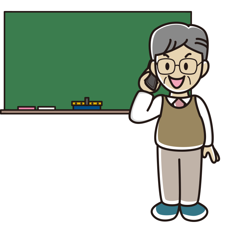 スマホで電話する年配男性教師のイラスト【色あり、背景なし】透過PNG