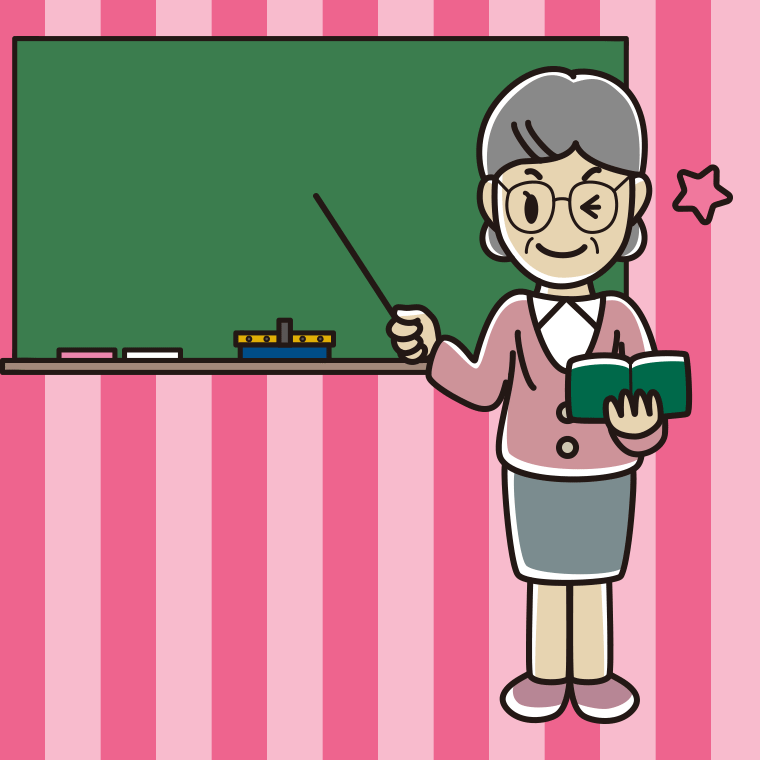 ウインクする年配女性教師のイラスト【色、背景あり】PNG