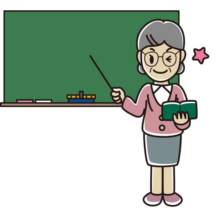 ウインクする年配女性教師のイラスト【色あり、背景なし】透過PNG