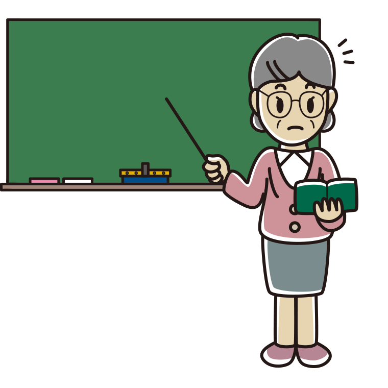 何かに気付く年配女性教師のイラスト【色あり、背景なし】透過PNG