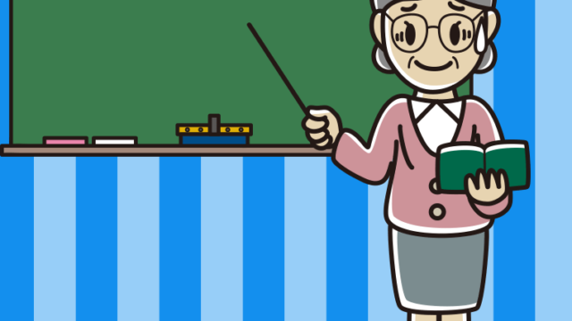 苦笑いする年配女性教師のイラスト【色、背景あり】PNG