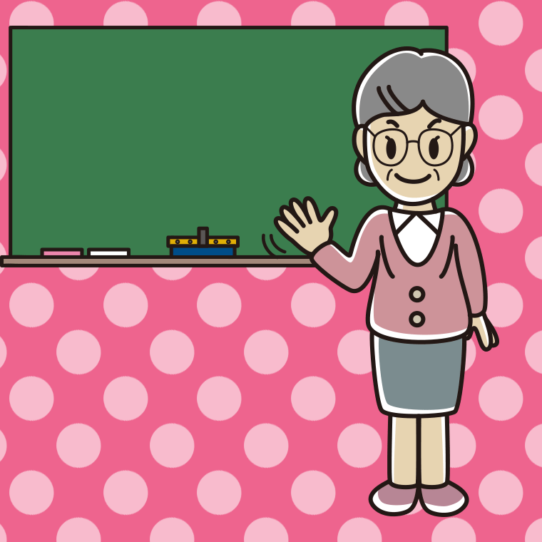 手を振る年配女性教師のイラスト【色、背景あり】PNG