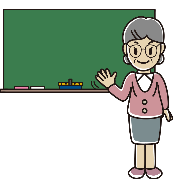 手を振る年配女性教師のイラスト【色あり、背景なし】透過PNG