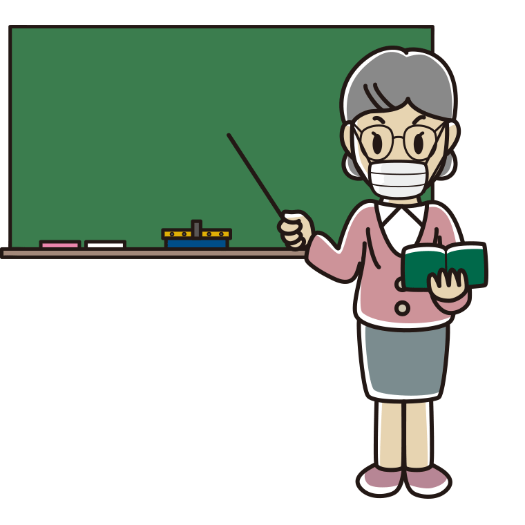マスクをする年配女性教師のイラスト【色あり、背景なし】透過PNG