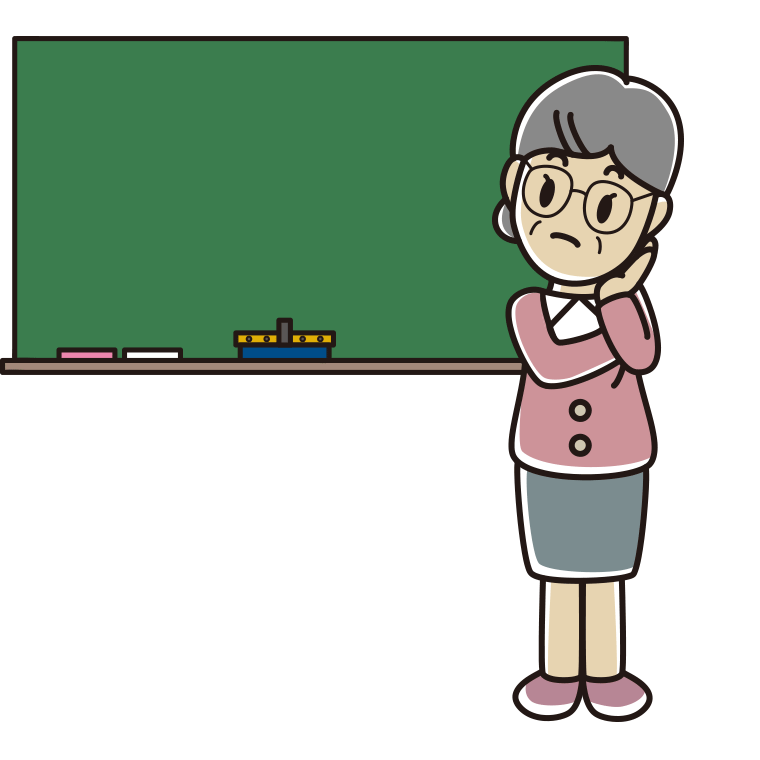考える年配女性教師のイラスト【色あり、背景なし】透過PNG