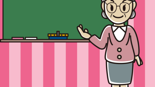 案内する年配女性教師のイラスト【色、背景あり】PNG