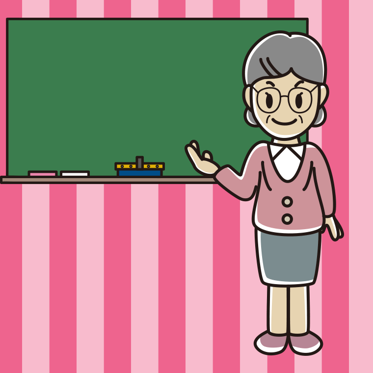 案内する年配女性教師のイラスト【色、背景あり】PNG