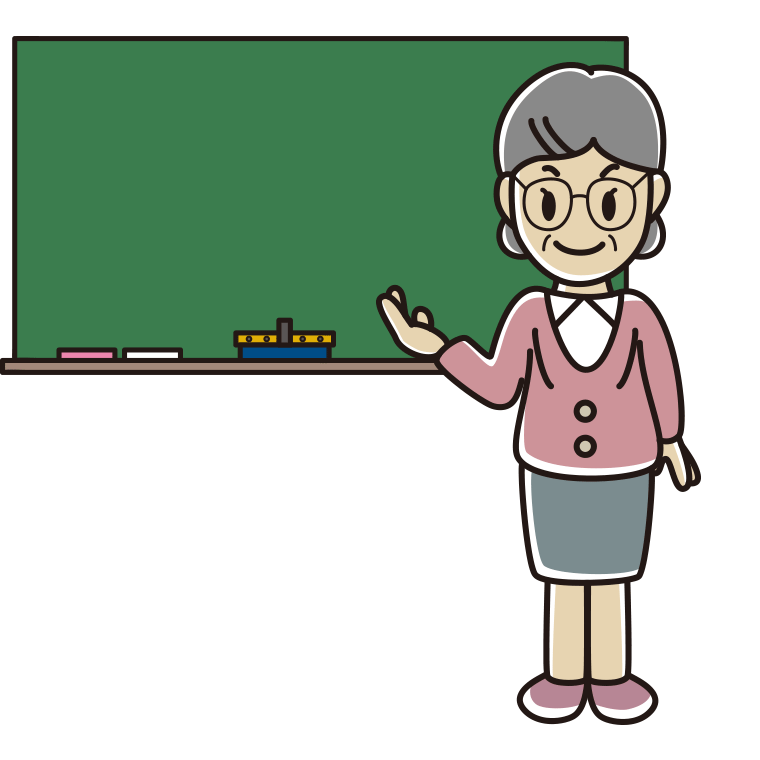 案内する年配女性教師のイラスト【色あり、背景なし】透過PNG