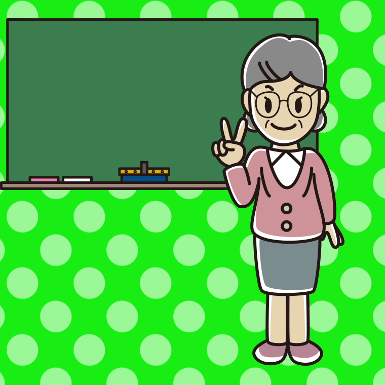 ピースをする年配女性教師のイラスト【色、背景あり】PNG