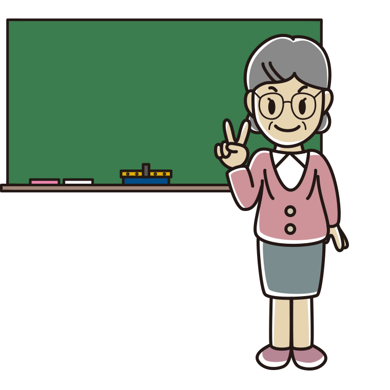 ピースをする年配女性教師のイラスト【色あり、背景なし】透過PNG