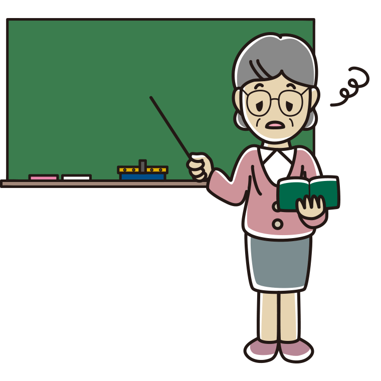 ぼーっとする年配女性教師のイラスト【色あり、背景なし】透過PNG