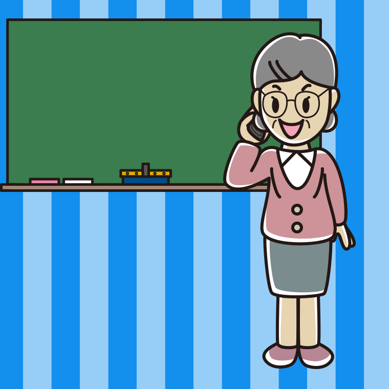 スマホで電話する年配女性教師のイラスト【色、背景あり】PNG