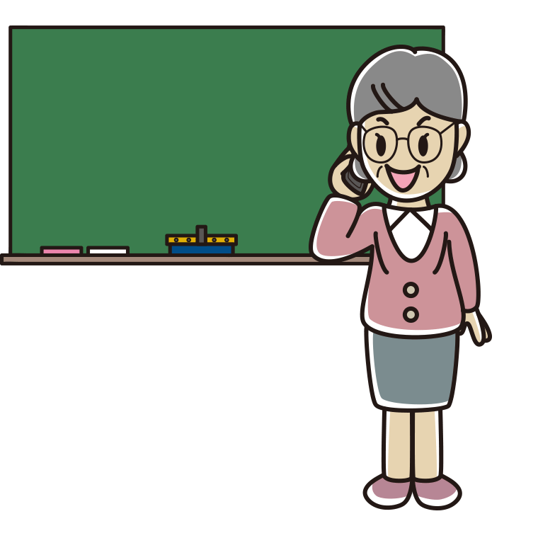 スマホで電話する年配女性教師のイラスト【色あり、背景なし】透過PNG