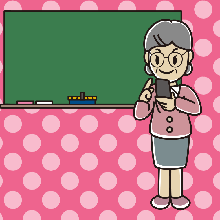 スマホを使う年配女性教師のイラスト【色、背景あり】PNG