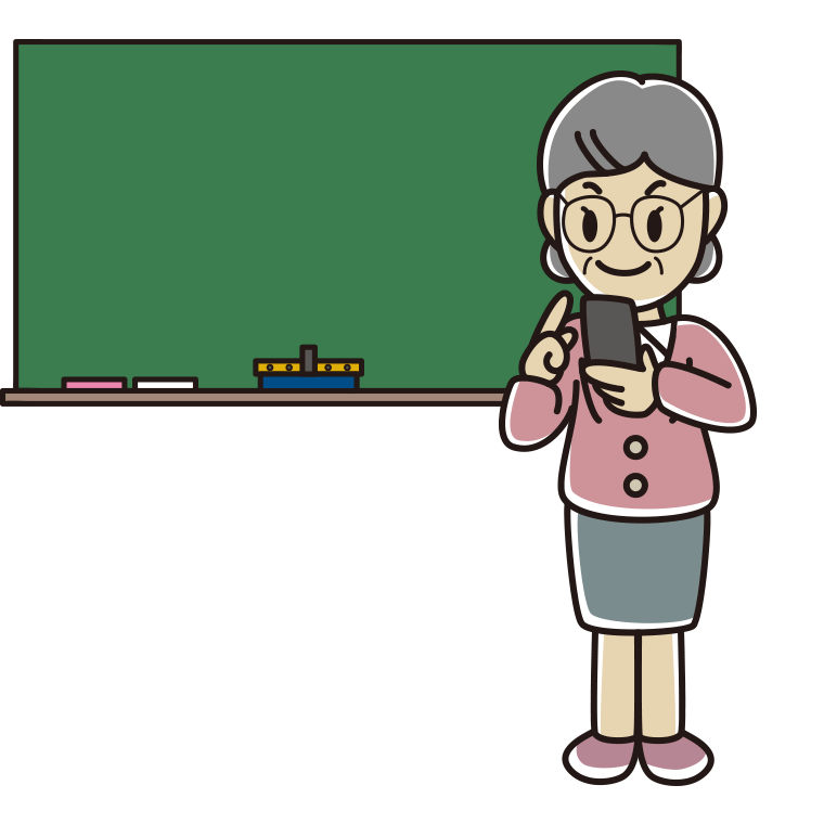 スマホを使う年配女性教師のイラスト【色あり、背景なし】透過PNG