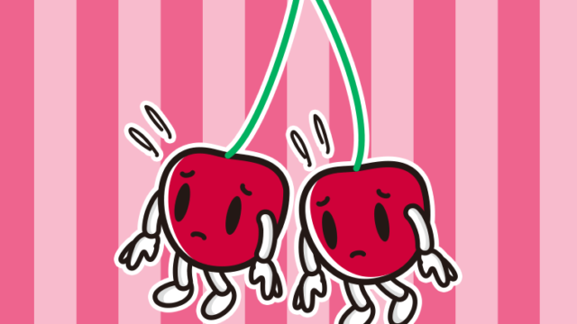 悲しそうなさくらんぼちゃんのイラスト【色、背景あり】PNG