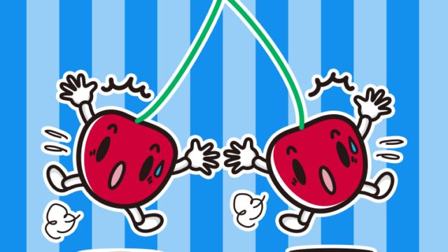 驚くさくらんぼちゃんのイラスト【色、背景あり】PNG