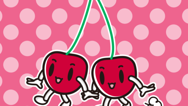 歩くさくらんぼちゃんのイラスト【色、背景あり】PNG